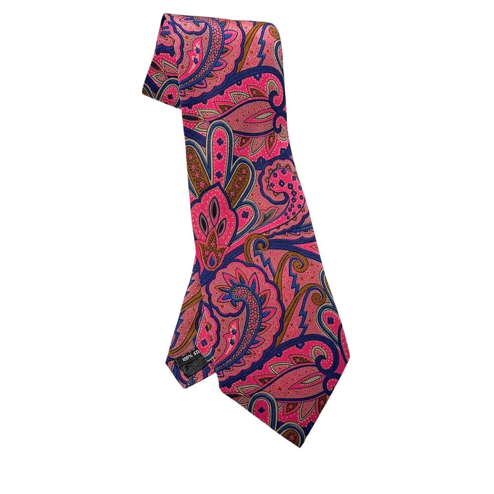 Oleg Cassini 80/90s Silk Tie Pink Navy Blue Paisley Retro Necktie